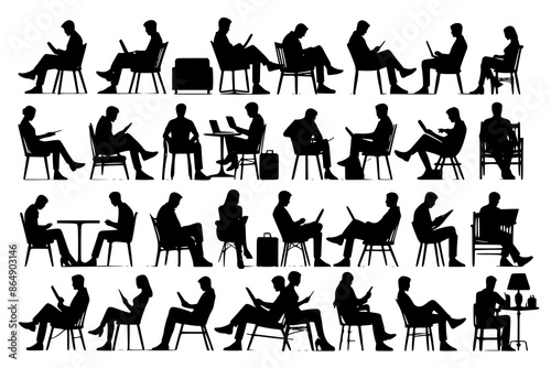 Silhouette of sitting people, large collection, sitting man and girl