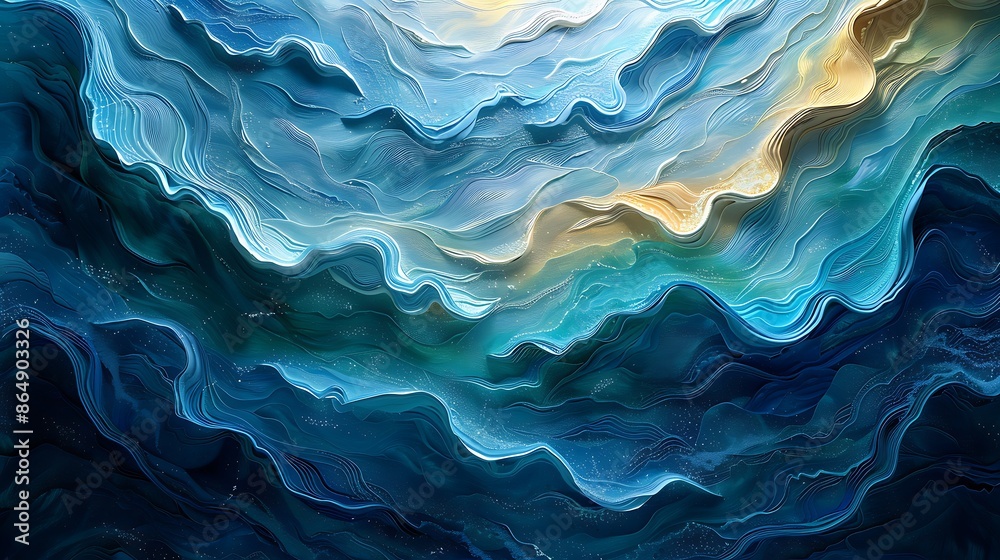 Abstract ocean waves mural, stylized flowing waves in vibrant blues and greens, modern art style, 16:9 aspect ratio. Abstract ocean waves mural, stylized flowing waves in vibrant blues and greens, modern art style, 16:9 aspect ratio.