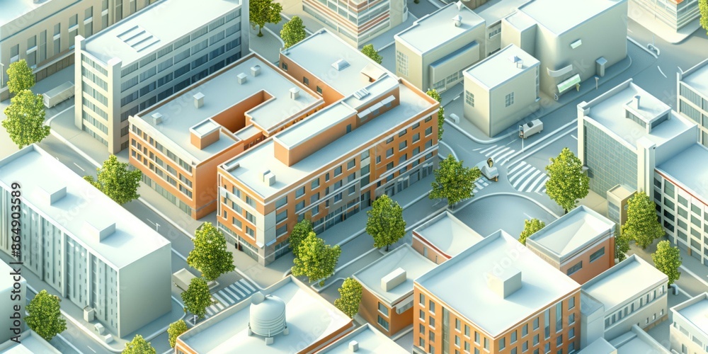 A 3d rendering of a city with buildings and trees. AI. A 3d rendering of a city with buildings and trees. AI.