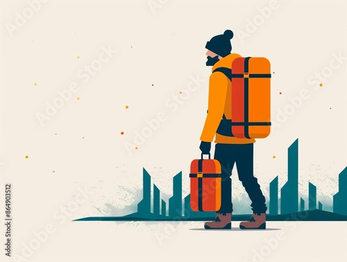 Traveler with backpack and suitcase standing against an abstract urban background, ready for adventure and exploration. photo