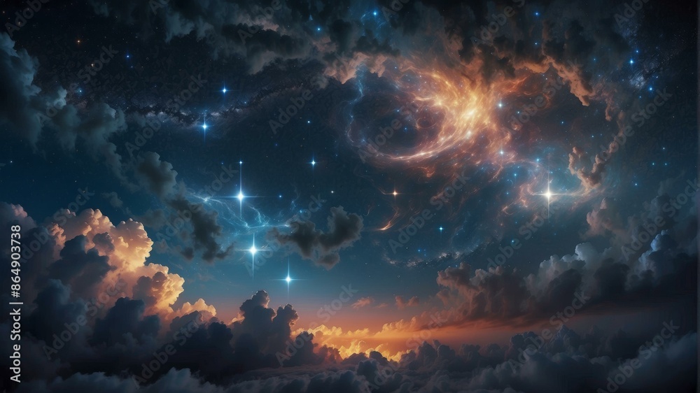 Naklejka premium A night sky with clouds and stars in the background. AI.