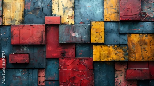 Bold color blocks mural, large blocks of contrasting colors arranged in an abstract manner, modern art style, 16:9 aspect ratio.
