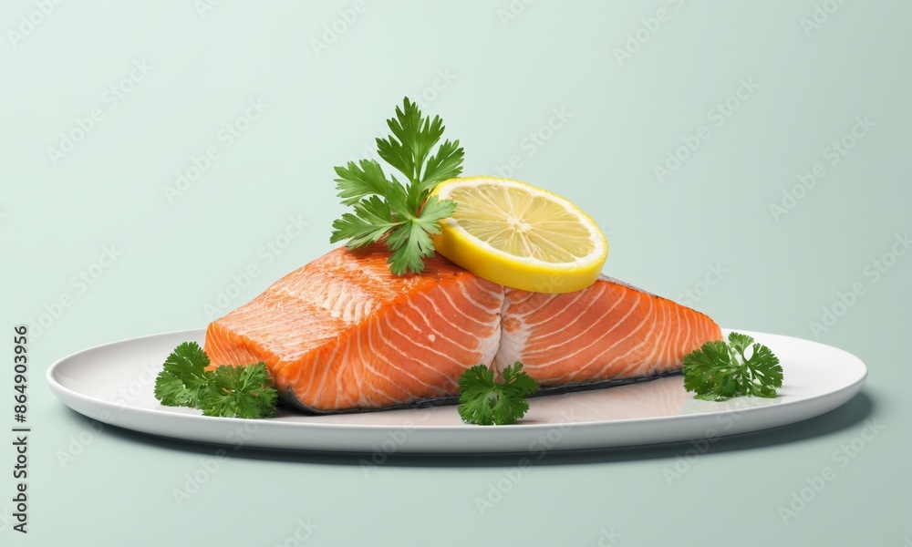 Raw salmon filet on white plate with lemon and parsley Raw salmon filet on white plate with lemon and parsley