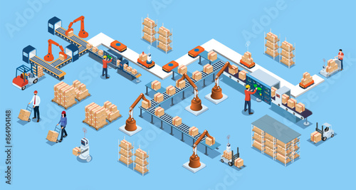 Automated warehouse robotic and autonomous robot transportation service concept with Automated Guided Vehicles (AGVs) and Autonomous Mobile Robots (AMRs). Vector illustration EPS 10