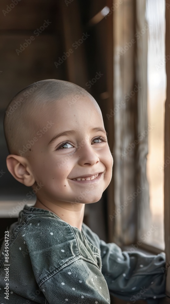 A young boy with a shaved head smiles while looking out a window A young boy with a shaved head smiles while looking out a window