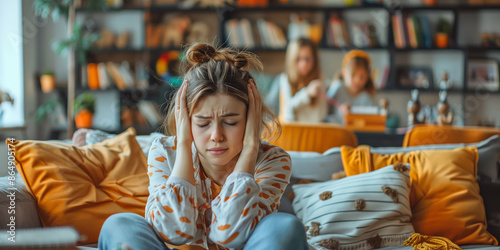 A woman sat on a sofa at home, holding her head with a headache. Her Children are playing too loudly around her