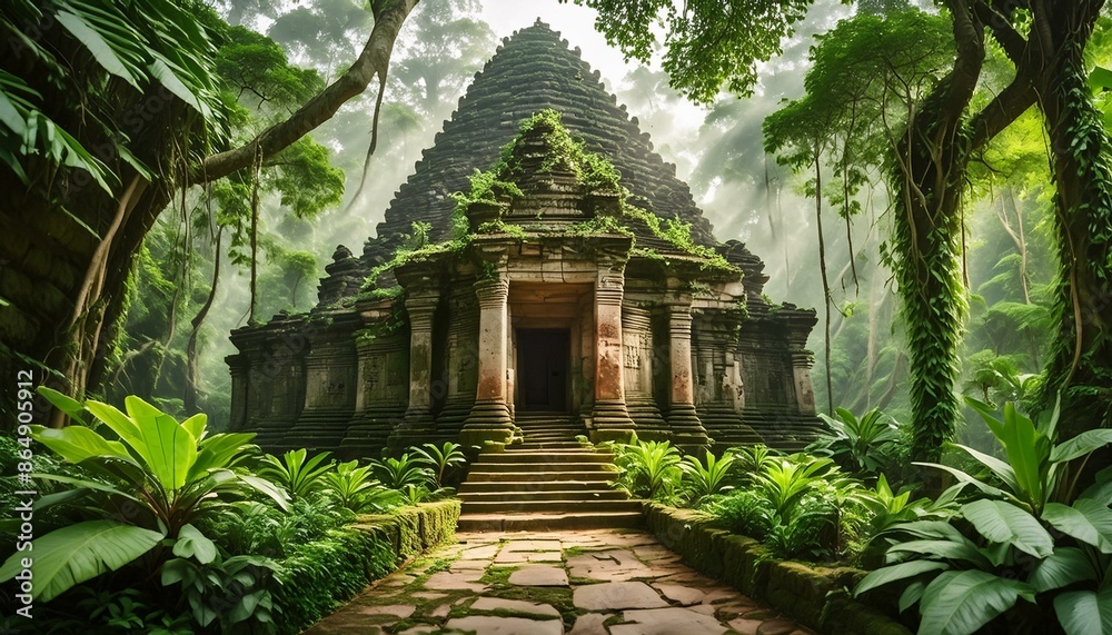 Ancient temple in the jungle, overgrown with lush vegetation Ancient temple in the jungle, overgrown with lush vegetation