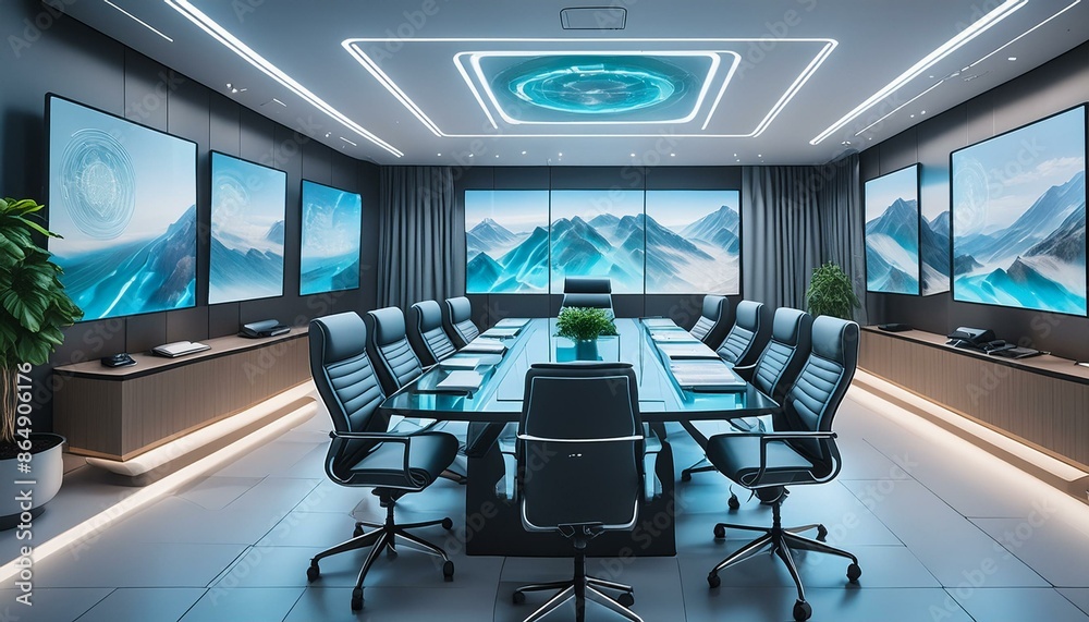 The interior of a futuristic conference room with holographic screens The interior of a futuristic conference room with holographic screens
