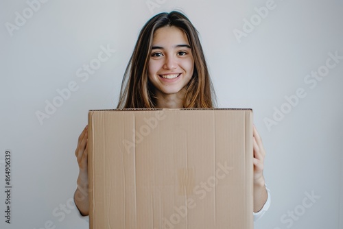 A young woman holds out a cardboard box on a white background, smiling and looking at the camera. The concept of delivery or moving to a new house. A portrait of a beautiful girl with brown hair holdi photo