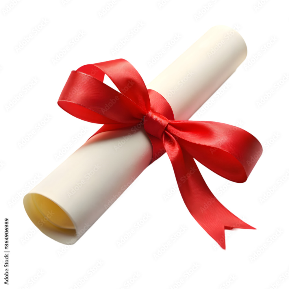 Diploma tied with red ribbon Isolated on white background