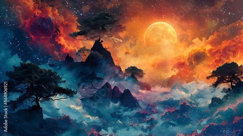 Surreal landscape mural, dreamlike scenery with abstract, surreal elements, modern art style, 16:9 aspect ratio. photo