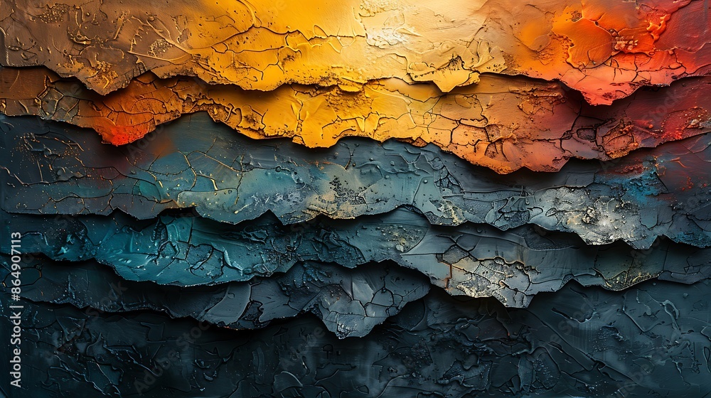 Textured abstract art mural, layers of textures and colors creating a rich, tactile appearance, modern art style. Textured abstract art mural, layers of textures and colors creating a rich, tactile appearance, modern art style.
