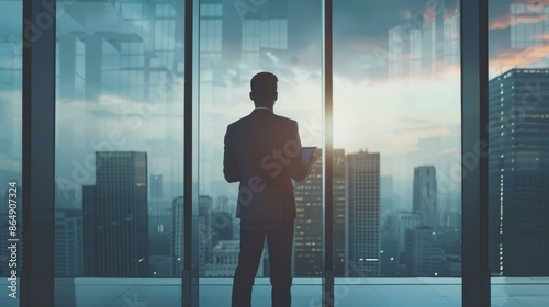 A business executive in a suit holding a tablet, standing by a window with a cityscape in the background. © patungkead