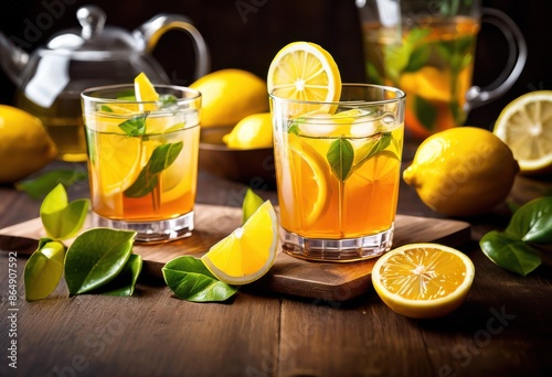 refreshing lemon tea freshly brewed citrus healthy beverage concept, drink, fruit, slices, herbal, natural, organic, aroma, aromatic, antioxidant, detox