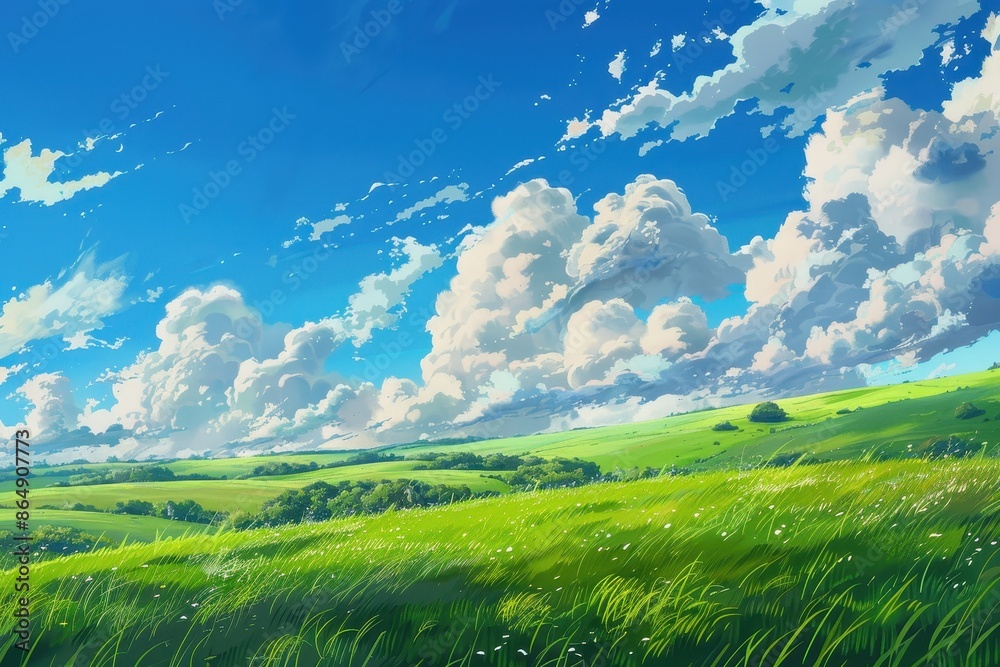 Obraz premium Grass Field landscape with blue sky and white cloud. Blue sky clouds sunny day wallpaper. Cartoon illustration of a Grass Field with blue sky in Summer. green field in a day.