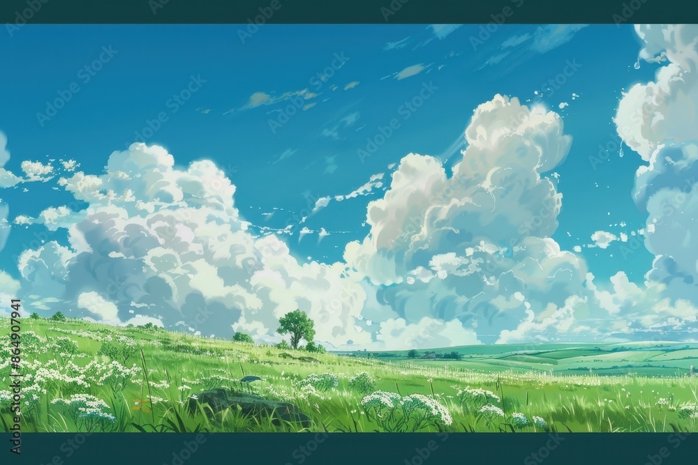 Obraz premium Grass Field landscape with blue sky and white cloud. Blue sky clouds sunny day wallpaper. Cartoon illustration of a Grass Field with blue sky in Summer. green field in a day.