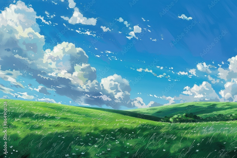 Obraz premium Grass Field landscape with blue sky and white cloud. Blue sky clouds sunny day wallpaper. Cartoon illustration of a Grass Field with blue sky in Summer. green field in a day.