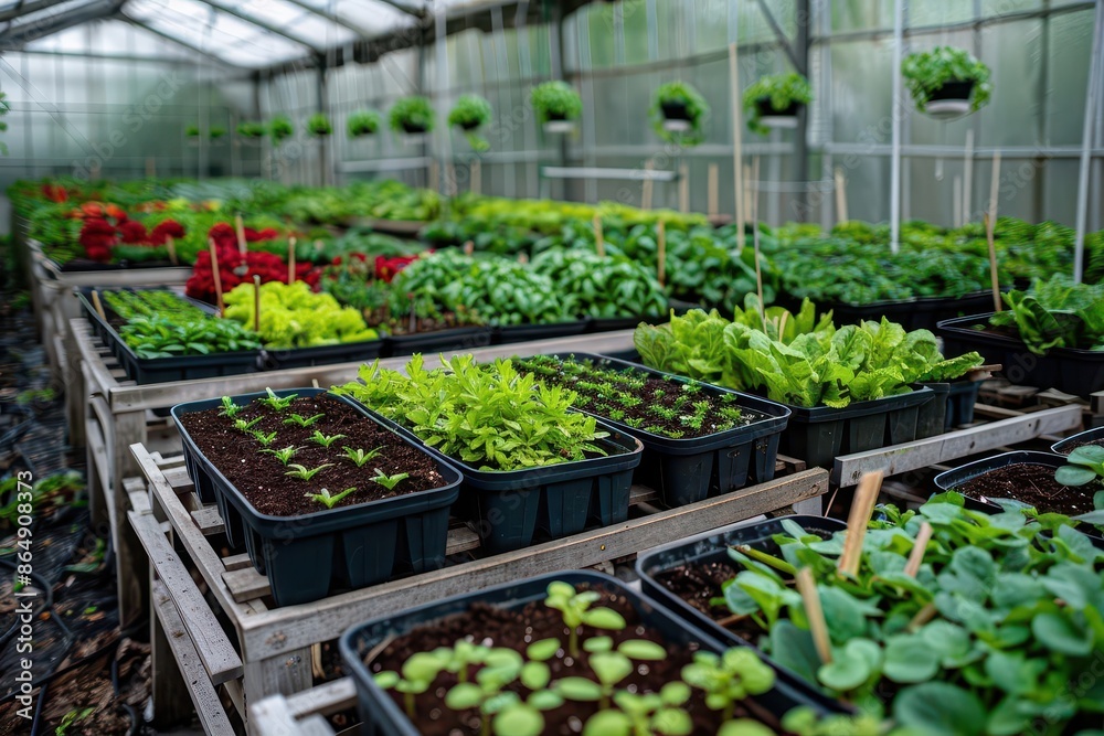 Greenhouses filled with various plants and vegetables, green environment, sustainable agriculture Greenhouses filled with various plants and vegetables, green environment, sustainable agriculture