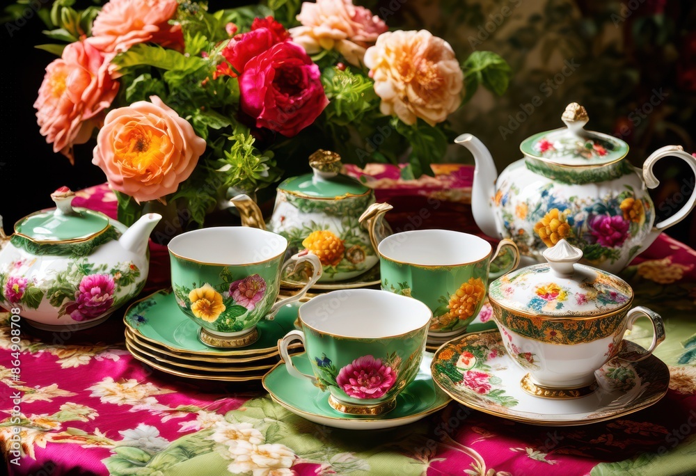 elegant fine china tea set arranged floral tablecloth, delicate, porcelain, teacups, saucers, vintage, decorative, dainty, traditional, ornate, dining elegant fine china tea set arranged floral tablecloth, delicate, porcelain, teacups, saucers, vintage, decorative, dainty, traditional, ornate, dining