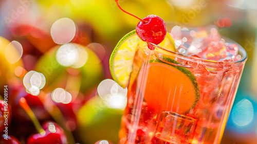 A vibrant image of a cherry lime rickey, served in a highball glass with ice, garnished with a slice of lime and cherries photo