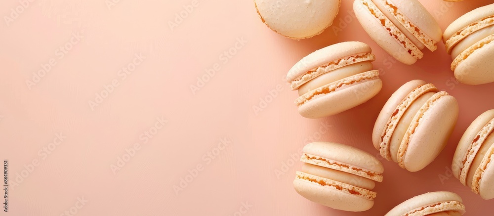 Minimal concept of dessert with beige macaroons on a peach background and copy space Minimal concept of dessert with beige macaroons on a peach background and copy space