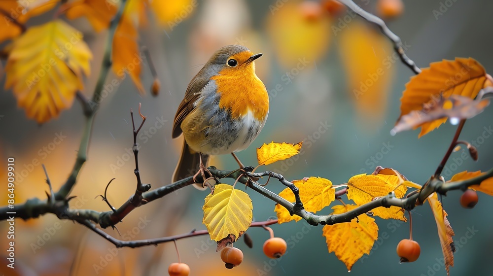 A robin perched on a branch with autumn leaves.
