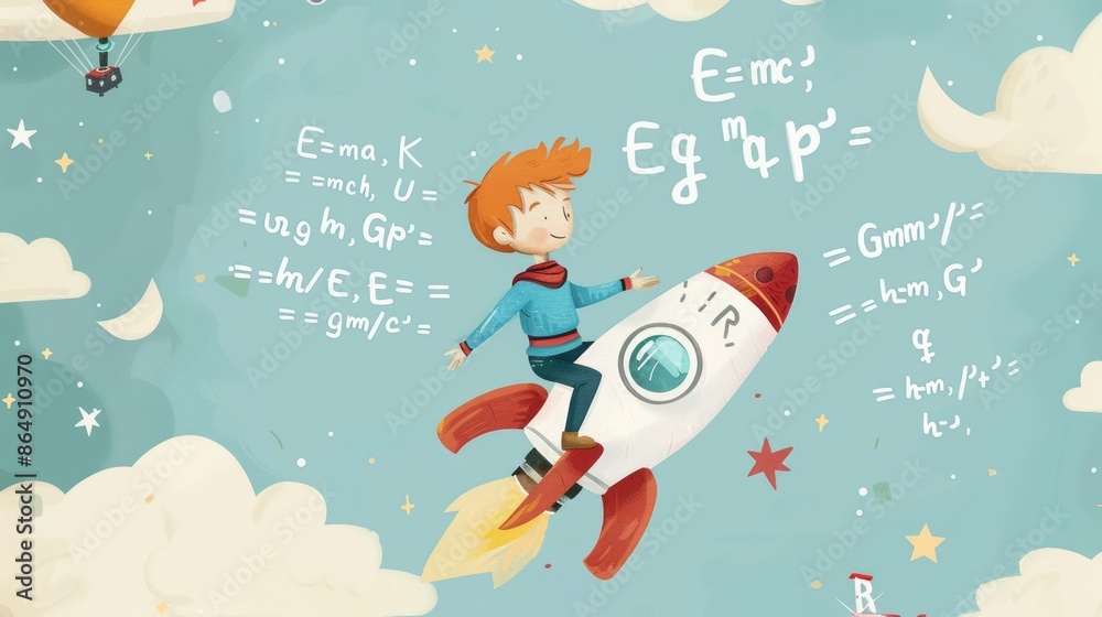 Cartoon boy sitting on a rocket soaring into the sky, the sky is full of physics formula letters, children's educational concept Cartoon boy sitting on a rocket soaring into the sky, the sky is full of physics formula letters, children's educational concept