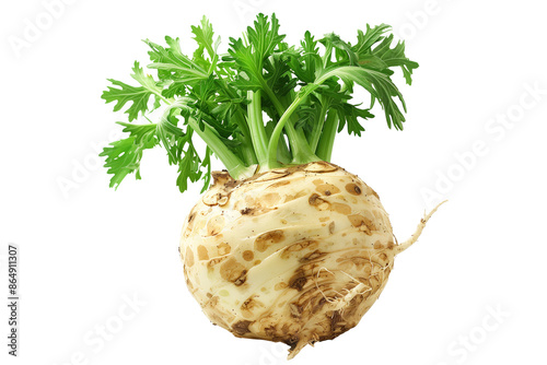 Fresh celery root with green leaves isolated on a white background. photo