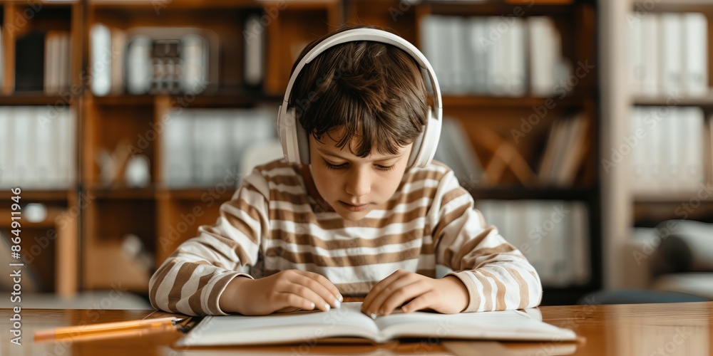 Young boy wearing headphones, focused on studying a book at a wooden table in a cozy library setting. Young boy wearing headphones, focused on studying a book at a wooden table in a cozy library setting.