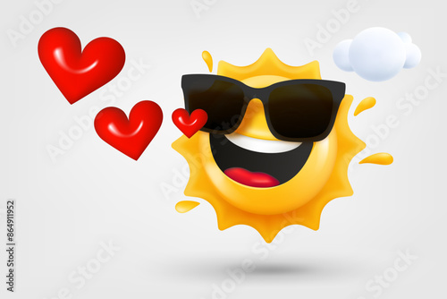 Happy sun emoji with red hearts. 3d vector illustration