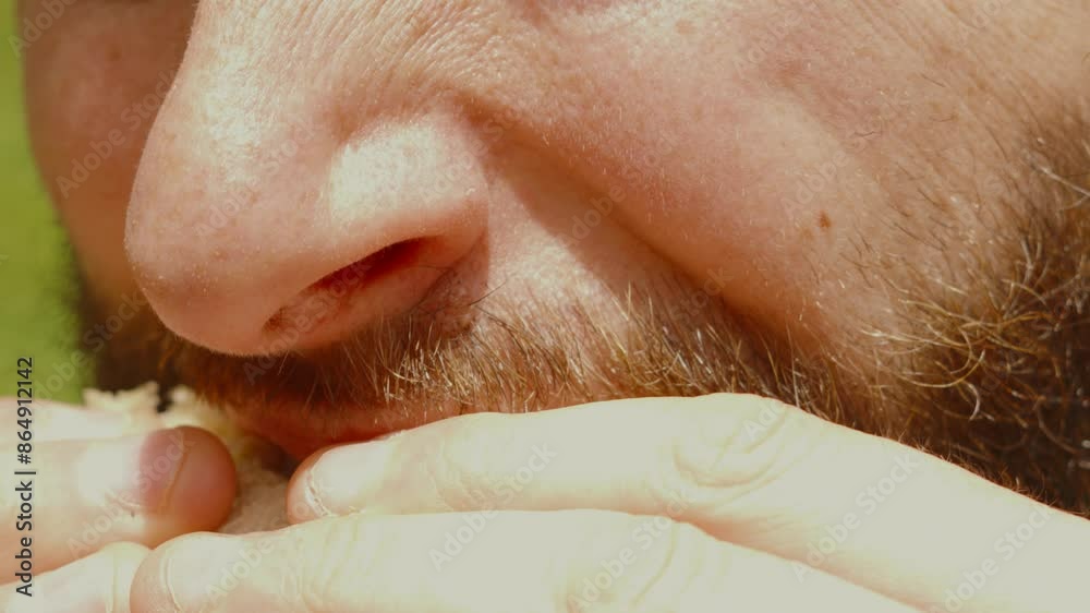 Sandwich Being Eaten by Young Caucasian Bearded Man with Close Up on Mouth as He Chews His Meal - 4K Slow Motion Footage Sandwich Being Eaten by Young Caucasian Bearded Man with Close Up on Mouth as He Chews His Meal - 4K Slow Motion Footage