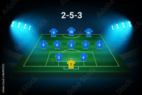 2-5-3 football team formation template. Soccer players with numbers. Vector template