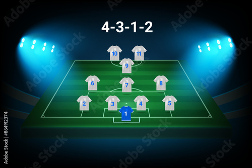 4-3-1-2 football team formation template. Soccer players with numbers. Vector template