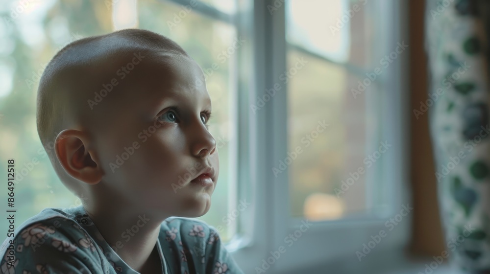 A young boy with no hair looks out a window A young boy with no hair looks out a window