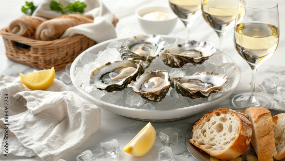 photo of a delicious-looking fresh oysters platter perfect for a romantic dinner 