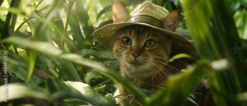 A cat wearing a safari hat hides among lush green plants, giving an adventurous and curious look.