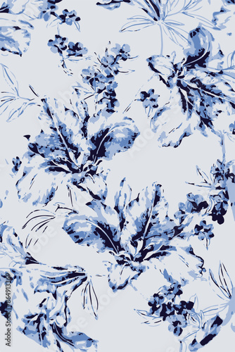 Seamless floral pattern with hand drawn blue flower garden elements on an isolated white background