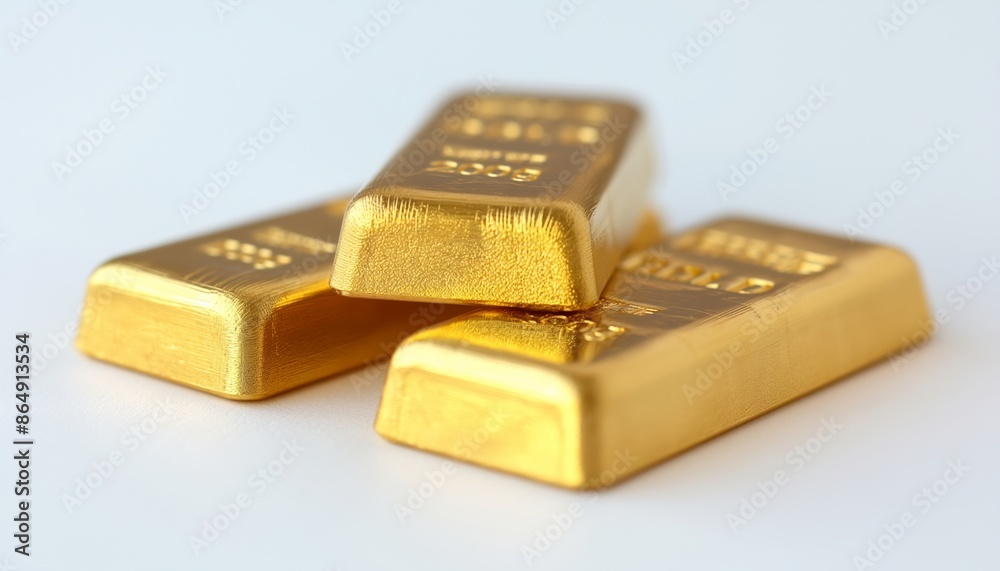 A close-up shot of three gold bars stacked against a white background, showing fine details of the polished metal texture and reflecting utmost luxury and impeccable craftsmanship.