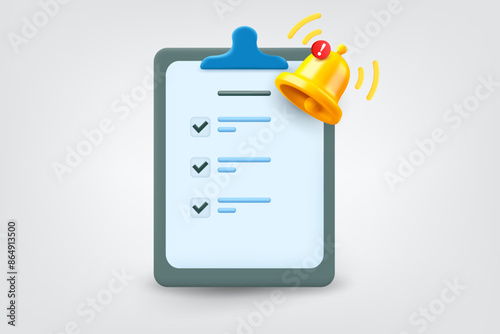 Paper list with ringing bell. Vector 3d illustration