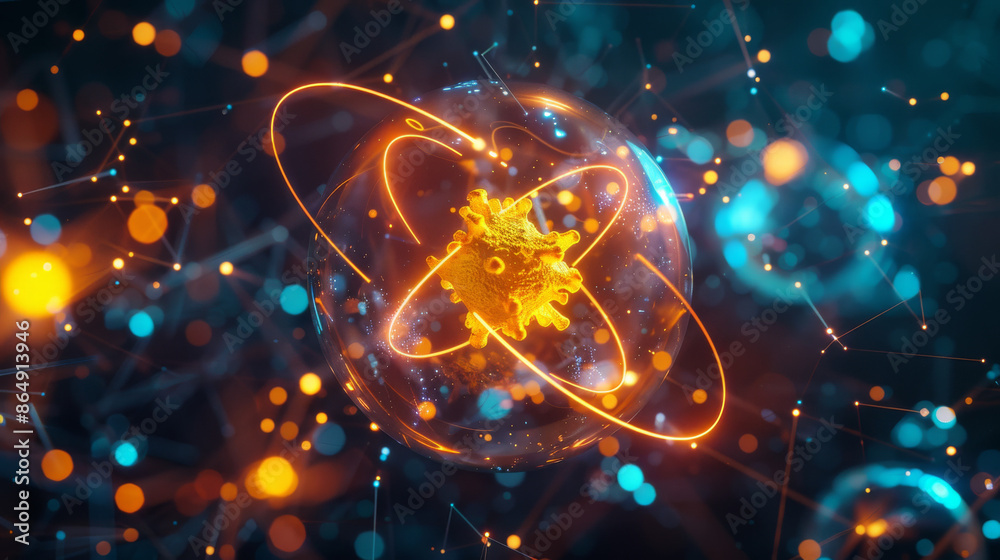 3D atom model with a glowing nucleus. Electrons orbit the nucleus ...