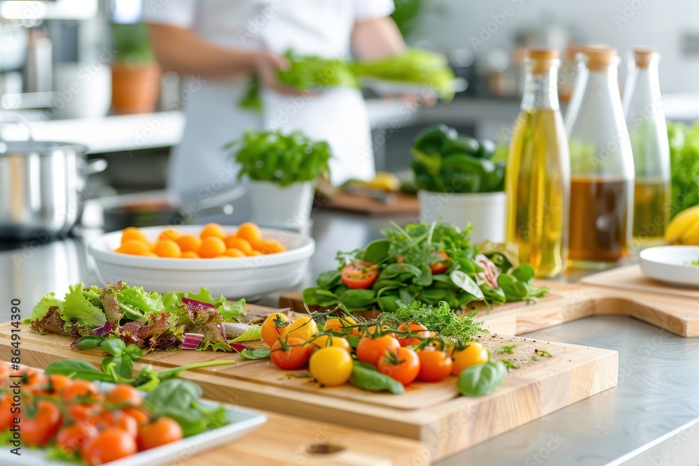 Fresh Salad Ingredients in Kitchen with Blurred Chef Fresh Salad Ingredients in Kitchen with Blurred Chef