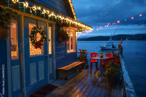 a house with christmas lights on the porch photo