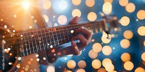 Capturing the Passion Skilled Hands Strumming Guitar with Vibrant Bokeh Lights. Concept Musician Portraits, Bokeh Photography, Skilled Hands, Vibrant Lighting, Guitar Passion photo