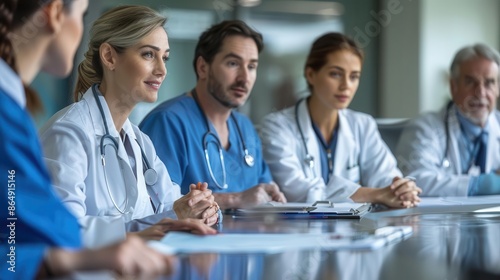 Doctors and nurses in a roundtable discussion about treatment protocols, clinical staff meeting, collaboration