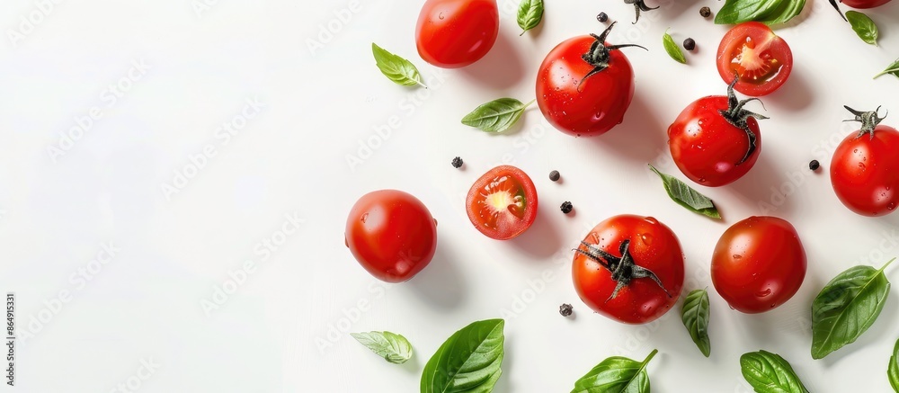 Tomato products with basil and space for text on white background, top view