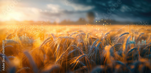 Digital farming analytics at sunset. Close-up of wheat field with holographic data and charts overlay, showcasing modern agricultural technology. Concept of precision farming and crop data analysis. photo