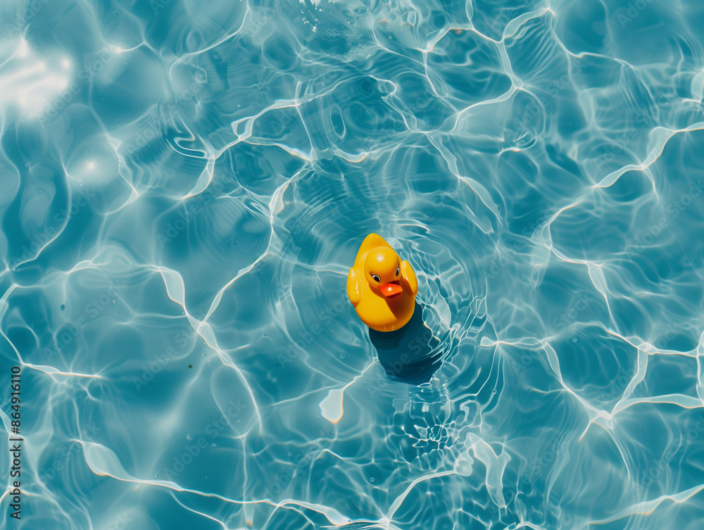 Yellow rubber duck floating in a clear blue swimming pool. Playful and vibrant summer scene. Yellow rubber duck floating in a clear blue swimming pool. Playful and vibrant summer scene.