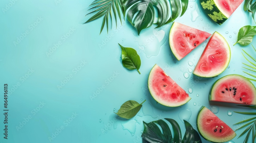Watermelon slices and tropical leaves on blue background. Flat lay, top view, copy space Watermelon slices and tropical leaves on blue background. Flat lay, top view, copy space
