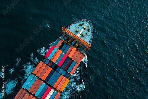 cargo ship with multicolored containers sailing in the ocean viewed from above © youriy