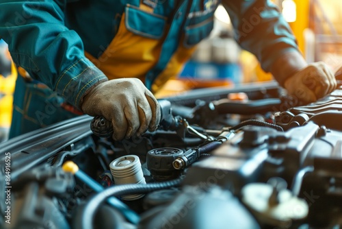 An image of a mechanic utilizing various tools for a car engine maintenance task, demonstrating the professional skill, attention to detail, and mechanical expertise involved.